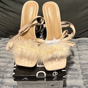 Wild Diva Cream Furry Strap Heels
